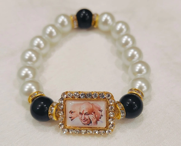 Jai Guruji Pearl And Black Bead Bracelet  - White, Free Size