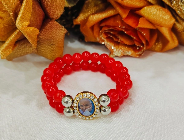 Jai Guruji Silver Bead Bracelet  - Brick Red, Free Size