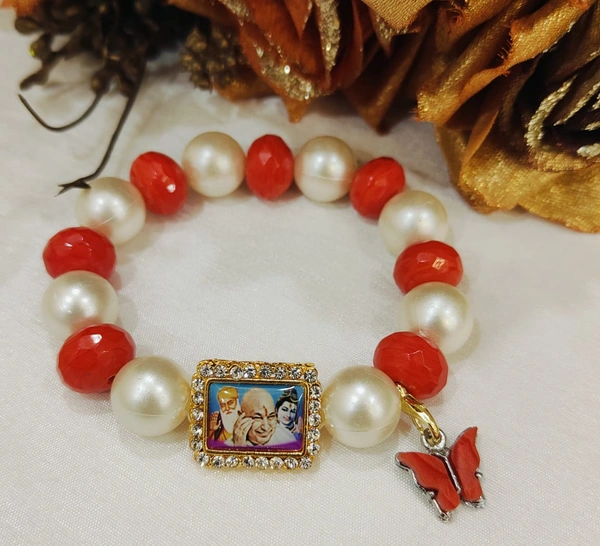 Jai Guruji Red And White Bracelet  - Free Size