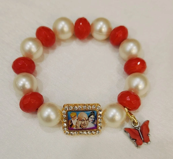 Jai Guruji Red And White Bracelet  - Free Size