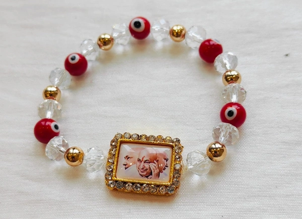 Jai Guruji Bracelet With Red Evil Eye And White Crystals - White, Free Size
