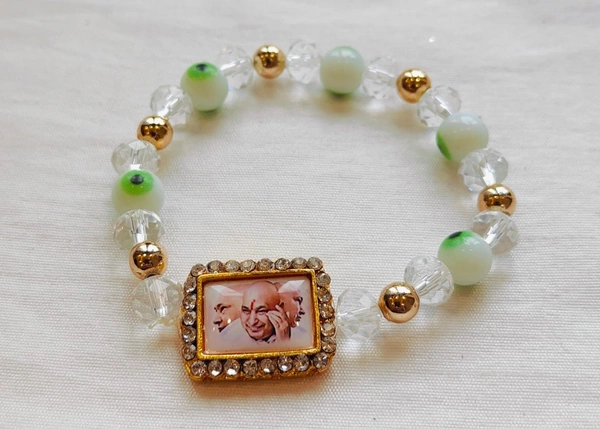 Jai Guruji Bracelet With Green Evil Eye And White Crystals - Green, Free Size