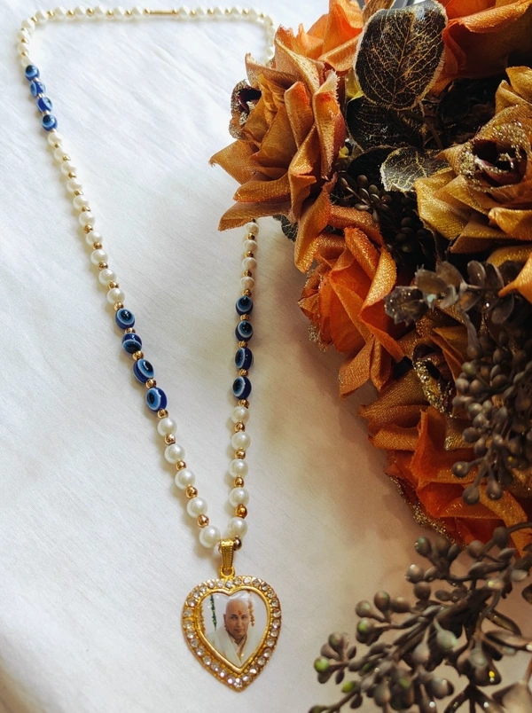Jai Guruji Pearl And Evil Eye Mala With Heart Shaped Locket - White