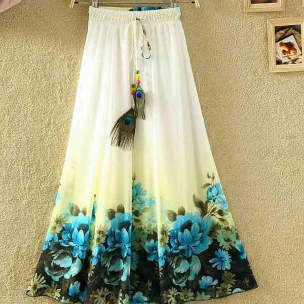 SM READYMADE GARMENT SF SKIRT HEAVY CREPE DIGITAL PRINT SKIRT O - Creamy 2, Free size