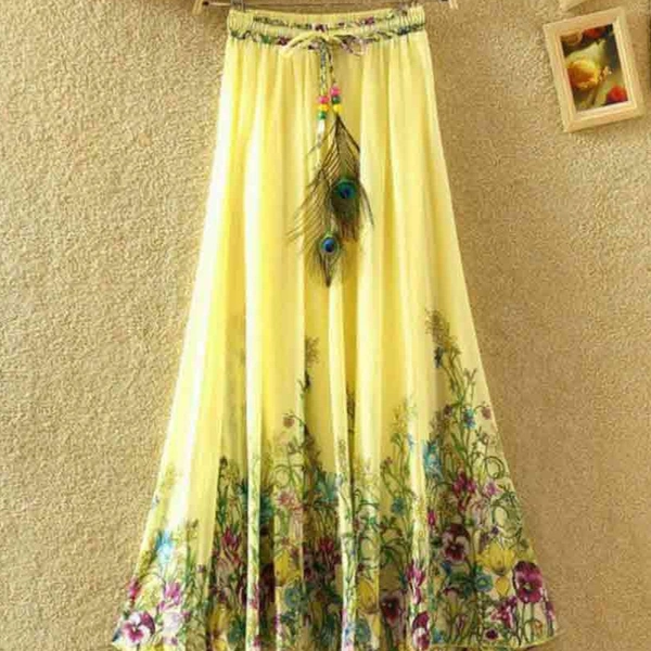 SM READYMADE GARMENT SF SKIRT HEAVY CREPE DIGITAL PRINT SKIRT O - Creamy 2, Free size