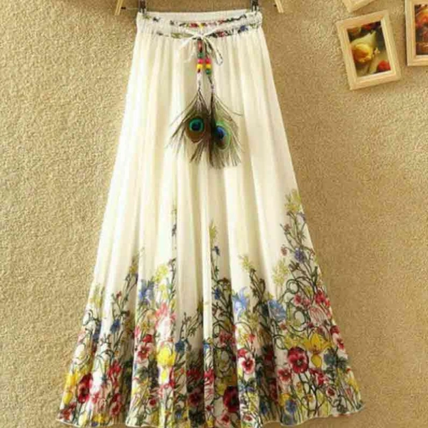 SM READYMADE GARMENT SF SKIRT HEAVY CREPE DIGITAL PRINT SKIRT O - Creamy 2, Free size