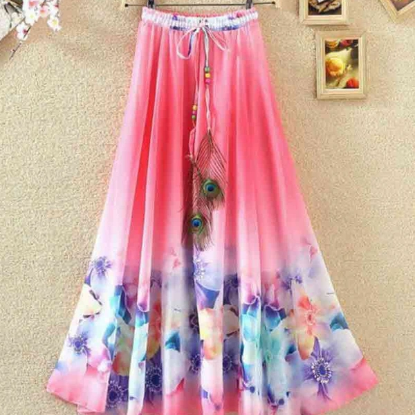 SM READYMADE GARMENT SF SKIRT HEAVY CREPE DIGITAL PRINT SKIRT O - Creamy 2, Free size