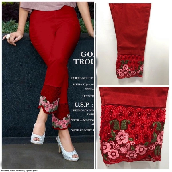 SM READYMADE GARMENT EMBROIDERY CIGARETTE PANTS - Red & Pink, L 28 to 34 XL 34 to 38 XXL 38 to 46
