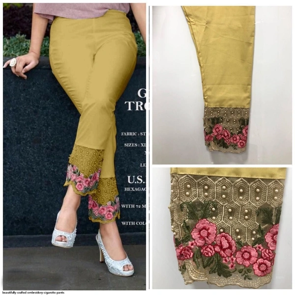 SM READYMADE GARMENT EMBROIDERY CIGARETTE PANTS - White Yellow Green, L 28 to 34 XL 34 to 38 XXL 38 46