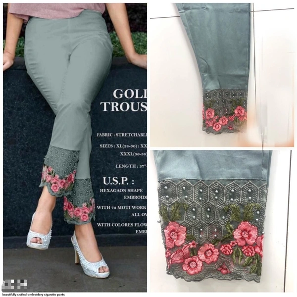 SM READYMADE GARMENT EMBROIDERY CIGARETTE PANTS - White Yellow Green, L 28 to 34 XL 34 to 38 XXL 38 46