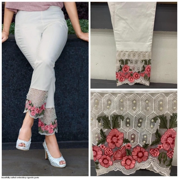 SM READYMADE GARMENT EMBROIDERY CIGARETTE PANTS - White Yellow Green, L 28 to 34 XL 34 to 38 XXL 38 46