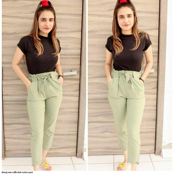 SM READYMADE GARMENT Presents RITURAJ NEW RUFFLE BELT COTTON PANT B - Green Red, 34 36