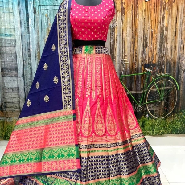 SM READYMADE GARMENT: BROCADE LEHENGA CHOLI A - 1, 1, Free size up to 42, 1, Blue & Pink