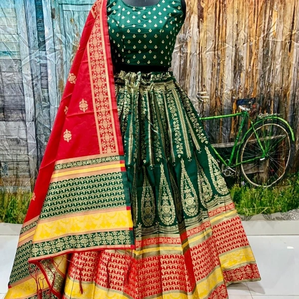 SM READYMADE GARMENT: BROCADE LEHENGA CHOLI A - 01, 08, Free size UPTO 42, 1, Red & Green