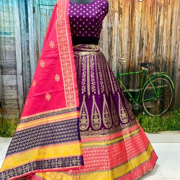 SM READYMADE GARMENT: BROCADE LEHENGA CHOLI A - 1, 1, Free size UPTO 2, 1, Pink & Indigo