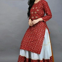 SM READYMADE GARMENT  GLAM VOL 42 HEAVY RAYON KURTI WITH SKIRT F - 1, Red, M (38)