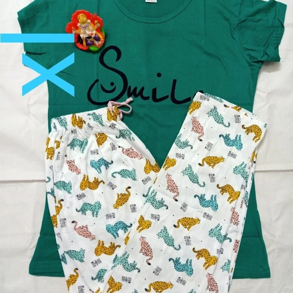 SM READYMADE GARMENT RITURAJ COTTON NIGHT WEAR A - 01, Top ..up to 34 bustBottom..up to 34.36 waist...with two side pockets, Green Top & White bottom