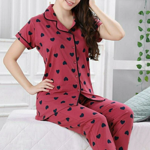 SM READYMADE GARMENT. MYSIA HOSIERY PRINTED COLLAR NIGHT SUITS 5570B   - 1, Pink, L 40
