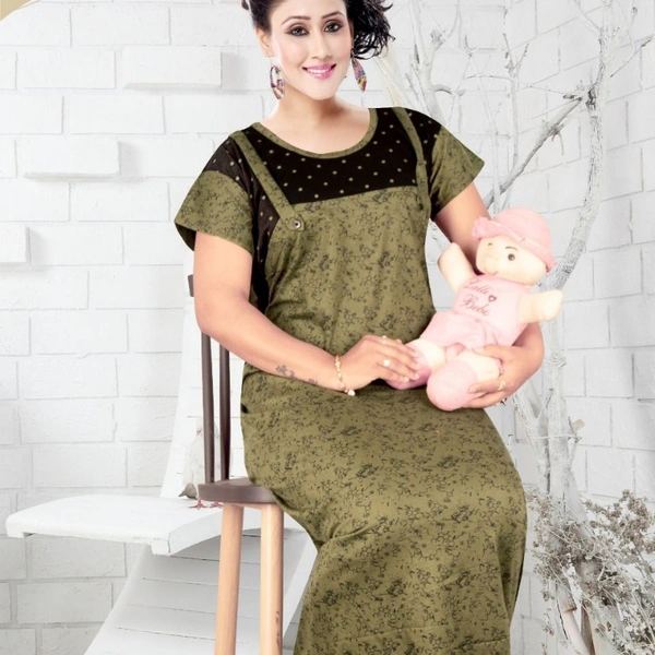 SM READYMADE GARMENT GAPUJEE HOSIERY WITH PRINT NIGHT GOWNS L - 1, 42, Green dots & Black plain