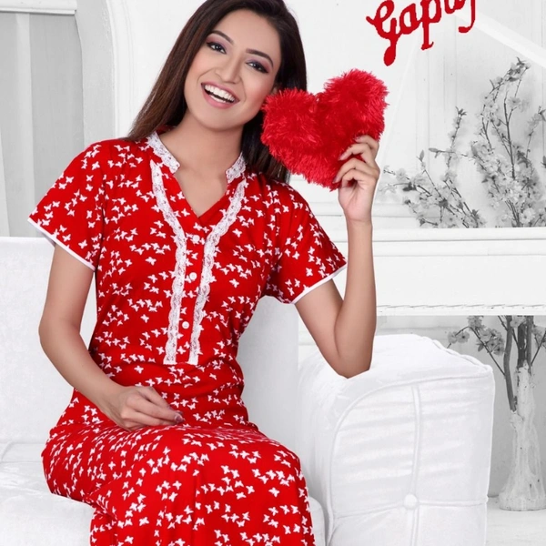 SM READYMADE GARMENT GAPUJEE HOSIERY WITH PRINT NIGHT GOWNS L - 2, 42, Red