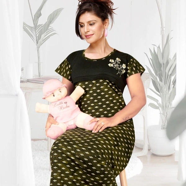 SM READYMADE GARMENT GAPUJEE HOSIERY WITH PRINT NIGHT GOWNS L - 1, 42, Green dots & Black chest
