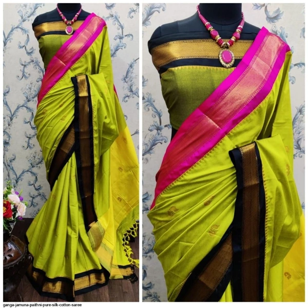 GANGA JAMUNA PAITHNI PURE SILK COTTON SAREE  - 1, Light Green & Pink boarder