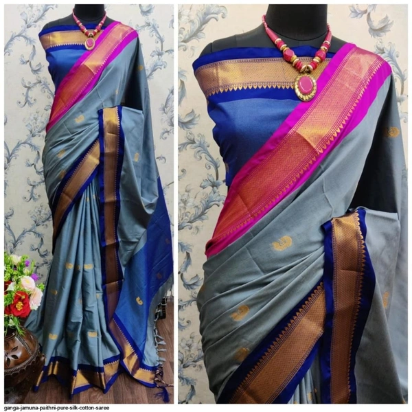 GANGA JAMUNA PAITHNI PURE SILK COTTON SAREE  - 1, Grey & Red boarder
