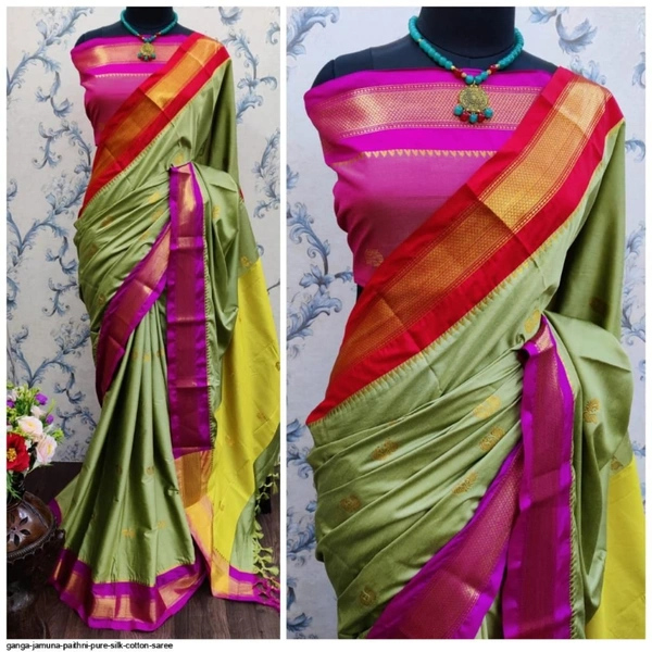 GANGA JAMUNA PAITHNI PURE SILK COTTON SAREE  - 1, Light Green & Red Boarder
