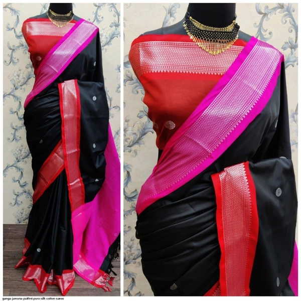 GANGA JAMUNA PAITHNI PURE SILK COTTON SAREE  - 1, Black & Pink boarder