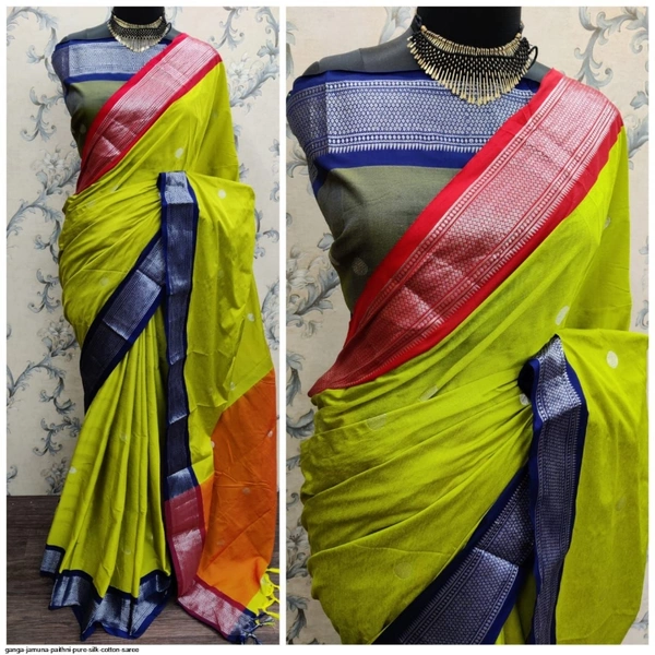 GANGA JAMUNA PAITHNI PURE SILK COTTON SAREE  - 1, Green Parrot color & Pink Boarder