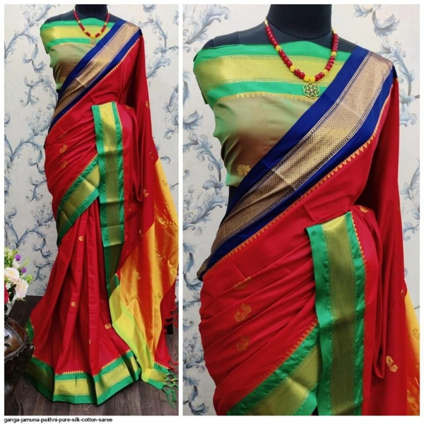 GANGA JAMUNA PAITHNI PURE SILK COTTON SAREE  - 1, Red & Blue boarder