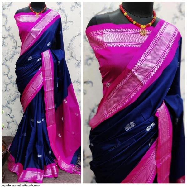 AAYESHA NEW SOFT COTTON SILK SAREE - Nevy Blue & Pink boarder, 1