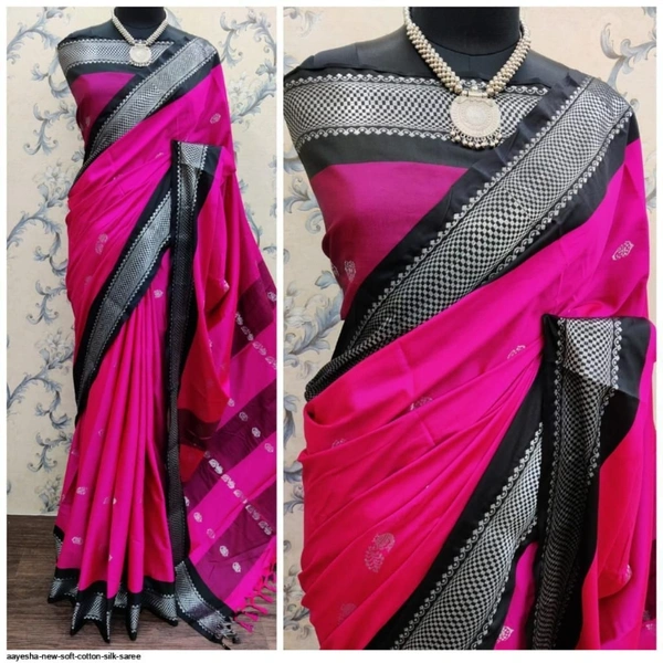 AAYESHA NEW SOFT COTTON SILK SAREE - Pink & Blue Boarder, 1
