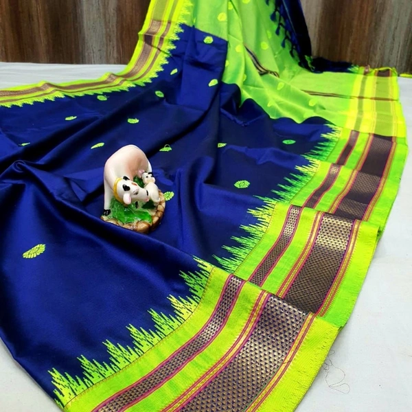 KOLHAPURI IKKAT COTTON SILK SAREE - Nevy Blue, & Green Boarder, 1