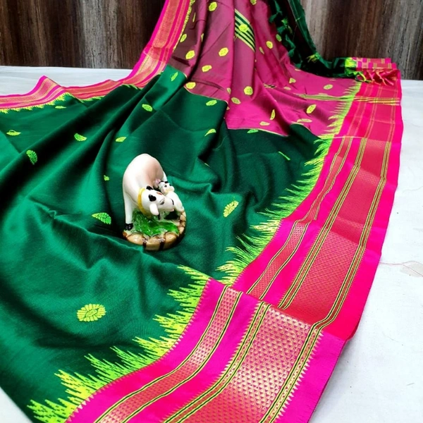 KOLHAPURI IKKAT COTTON SILK SAREE - Green & Pink Boarder, 1