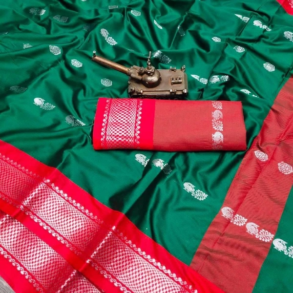 SILVER PAITHINI SOFT COTTON SILK SAREE - Green & Red Silver Boarder, 1, 7540