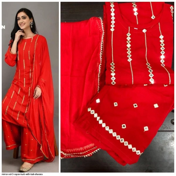RAYON KURTI WITH KALI SHARARA D - 1, Red, XLL-44