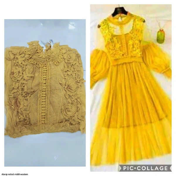 RITURAJ NETTED MIDDI WESTERN - 1, Size .. free size upto 34 bust, Yellow
