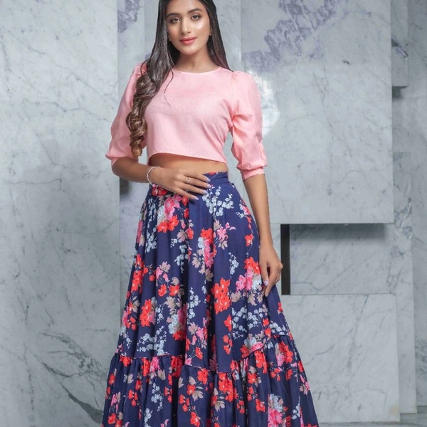 COTTON RAYON TOP AND SKIRT 1410 - Red Blue, 1, XL-42,