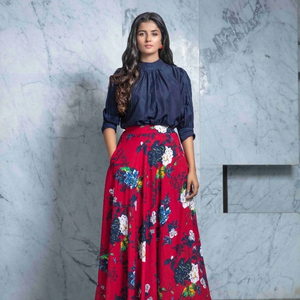 COTTON RAYON TOP AND SKIRT 1410 - Red Blue, 1, XL-42,