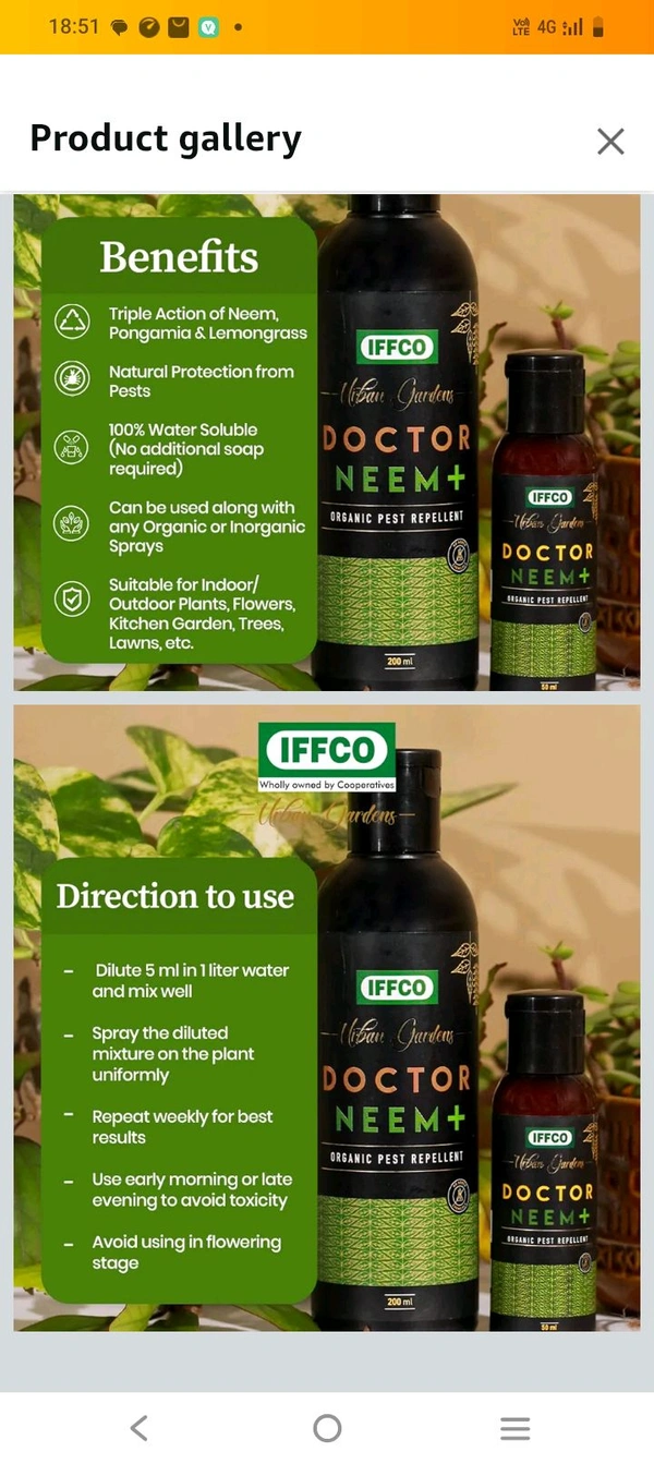 IFFCO Urban Gardens Doctor Neem+ 200ml – Organic Pest Repellent - Triple Action of Neem Oil, Pongamia Oil, Lemongrass Oil - 100% Water Soluble
