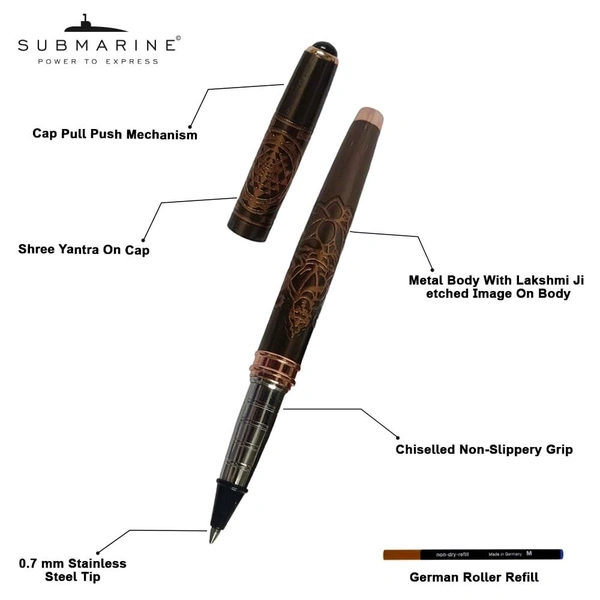 Submarine 1060 Premium, Metal Roller Pen Engraved with Lakshmi & OM Image,Perfect for Corporate Gifting