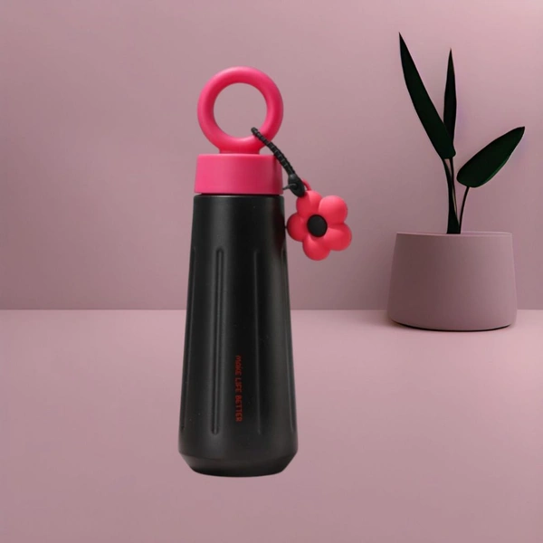 Stylish Water Bottle Leakproof,316 Stainless Steel Water Bottle-Stylish&Portable with Handle & Flower Charm, BPA-Free, Colour-Black - Black