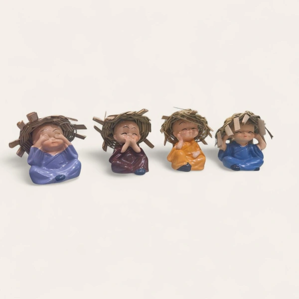  Hat Monk Buddha Idols Set Of 4 Pcs Showpiece for Car Dashboard/Home Decor 