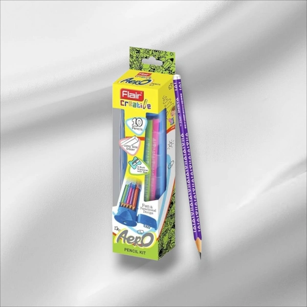 Flair FLAIR Creative Series Aero Pencil Smart Kit,Colourful 2B Lead Pencils,Fun & Functional Box, Stationery Kit Ideal For Gifting, Set Of 10 Wooden Pencils, 1 Eraser & 1 In-Built Sharpener.