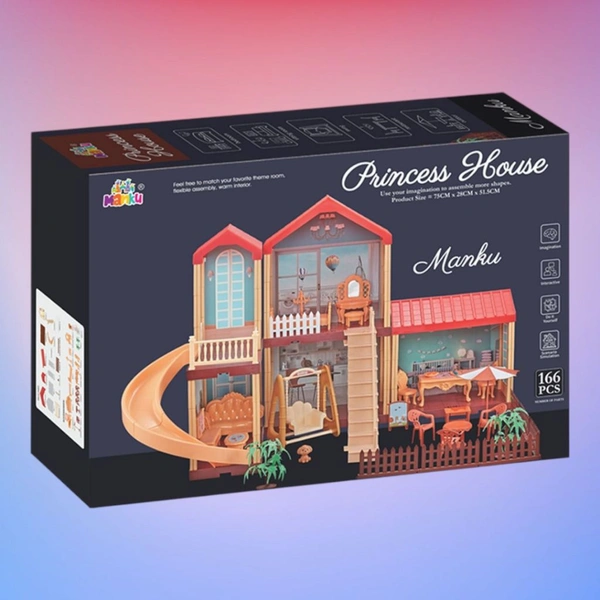 Manku Princess Doll House 75cm X 28cm X 51.5cm With 166 Parts