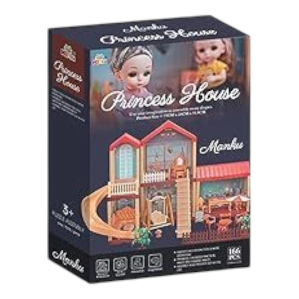 Manku Princess Doll House 75cm X 28cm X 51.5cm With 166 Parts