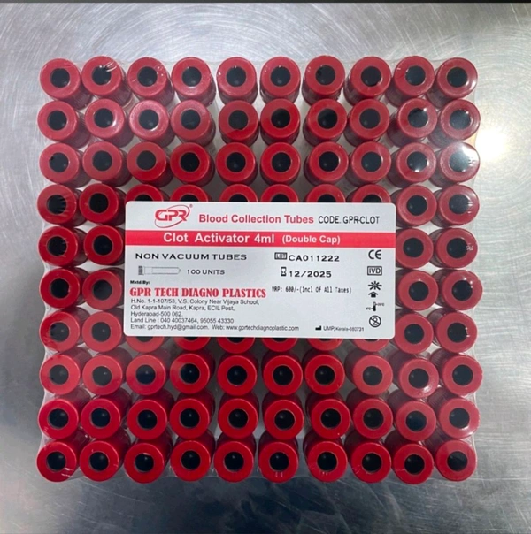 GPR Blood Collection Tubes Red Clot Activator 4ml(double cap) - Red, 4ml