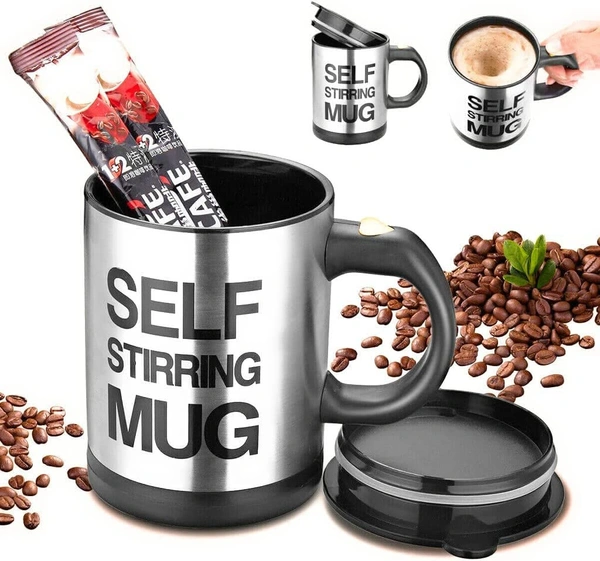 YOUR KART Self Stirring Coffee, Stainless Steel Automatic Self Mixing & Spinning Cup Stainless Steel Plastic Coffee Mug PACK OF 1