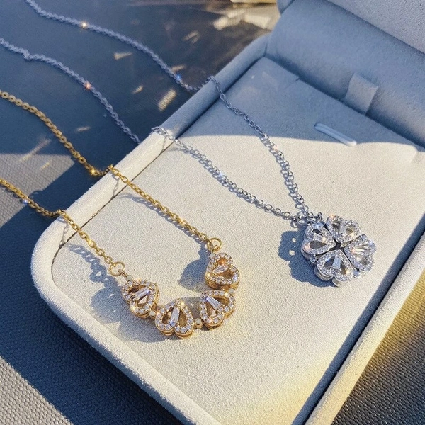 LOVE HEART pendant Necklace Rose Diamond Leaf CLOVER  Heart 